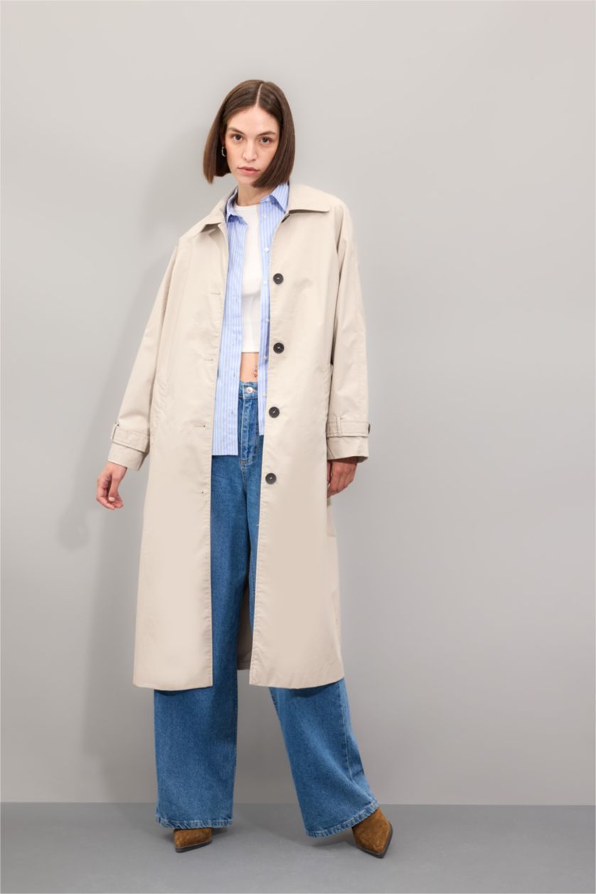 FEMME Beige Manteau Trench long à Coupe Régulière et Col Polo