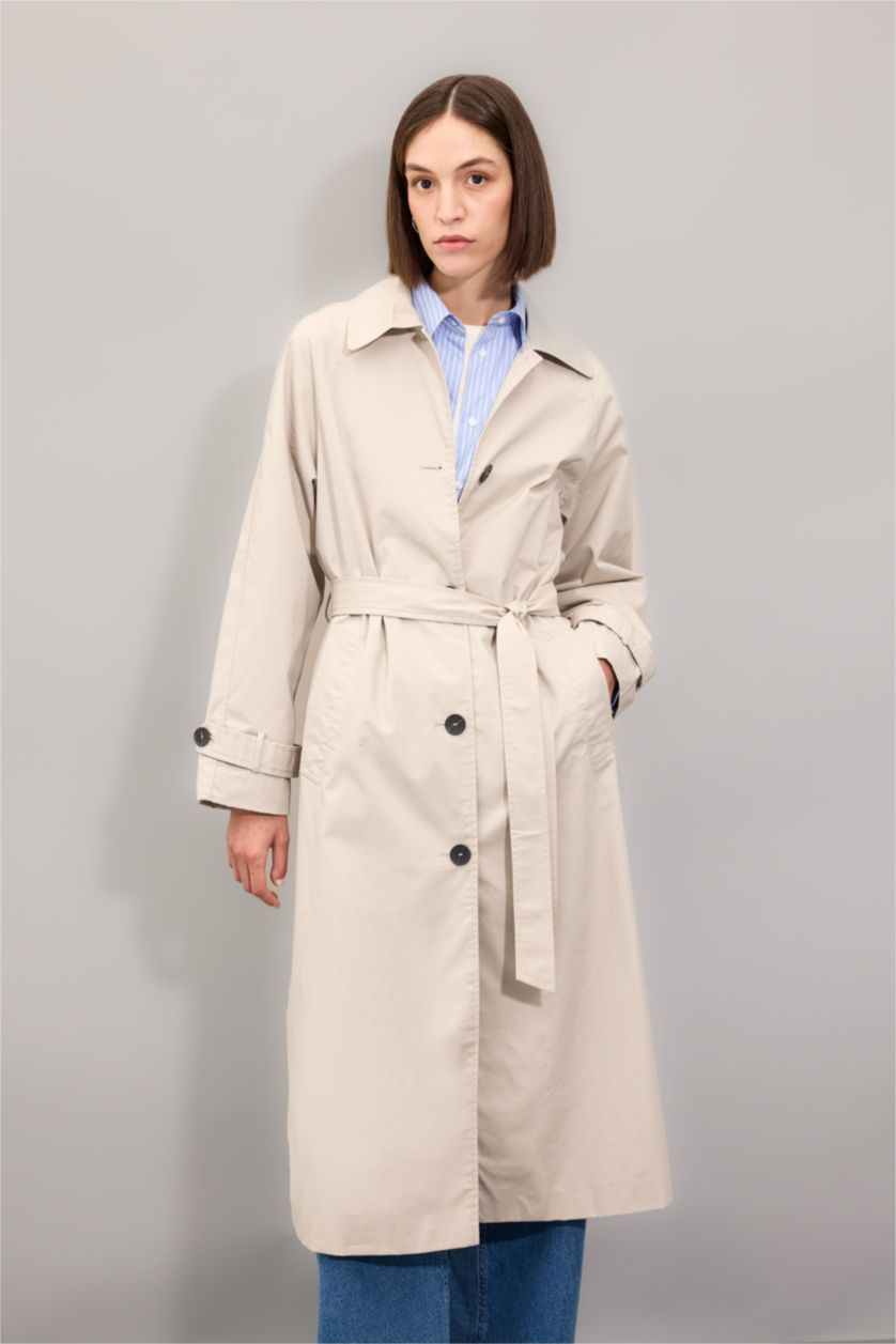 FEMME Beige Manteau Trench long à Coupe Régulière et Col Polo