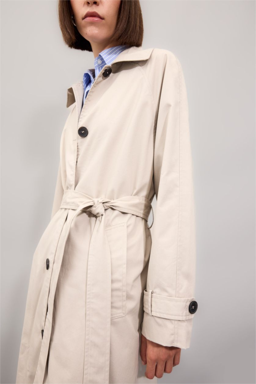 FEMME Beige Manteau Trench long à Coupe Régulière et Col Polo