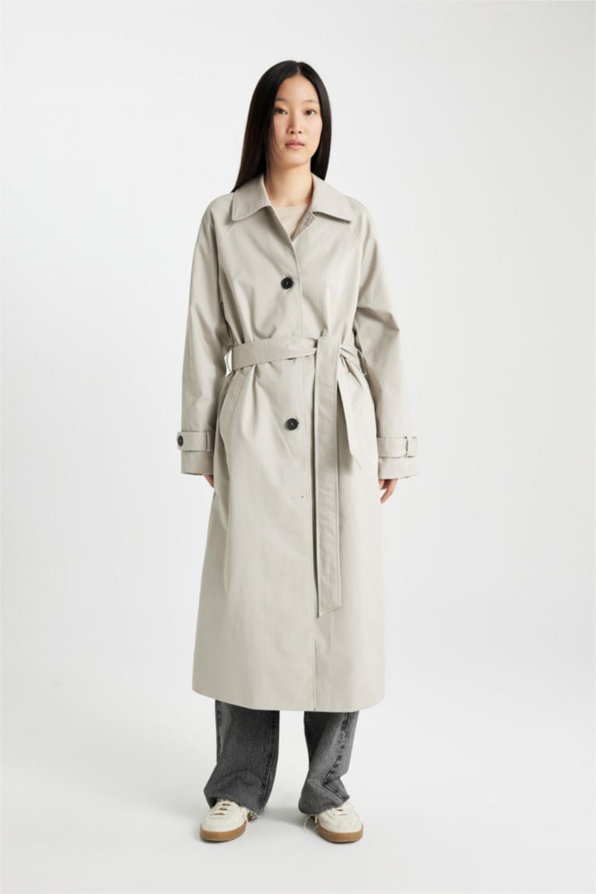 FEMME Beige Manteau Trench long à Coupe Régulière et Col Polo