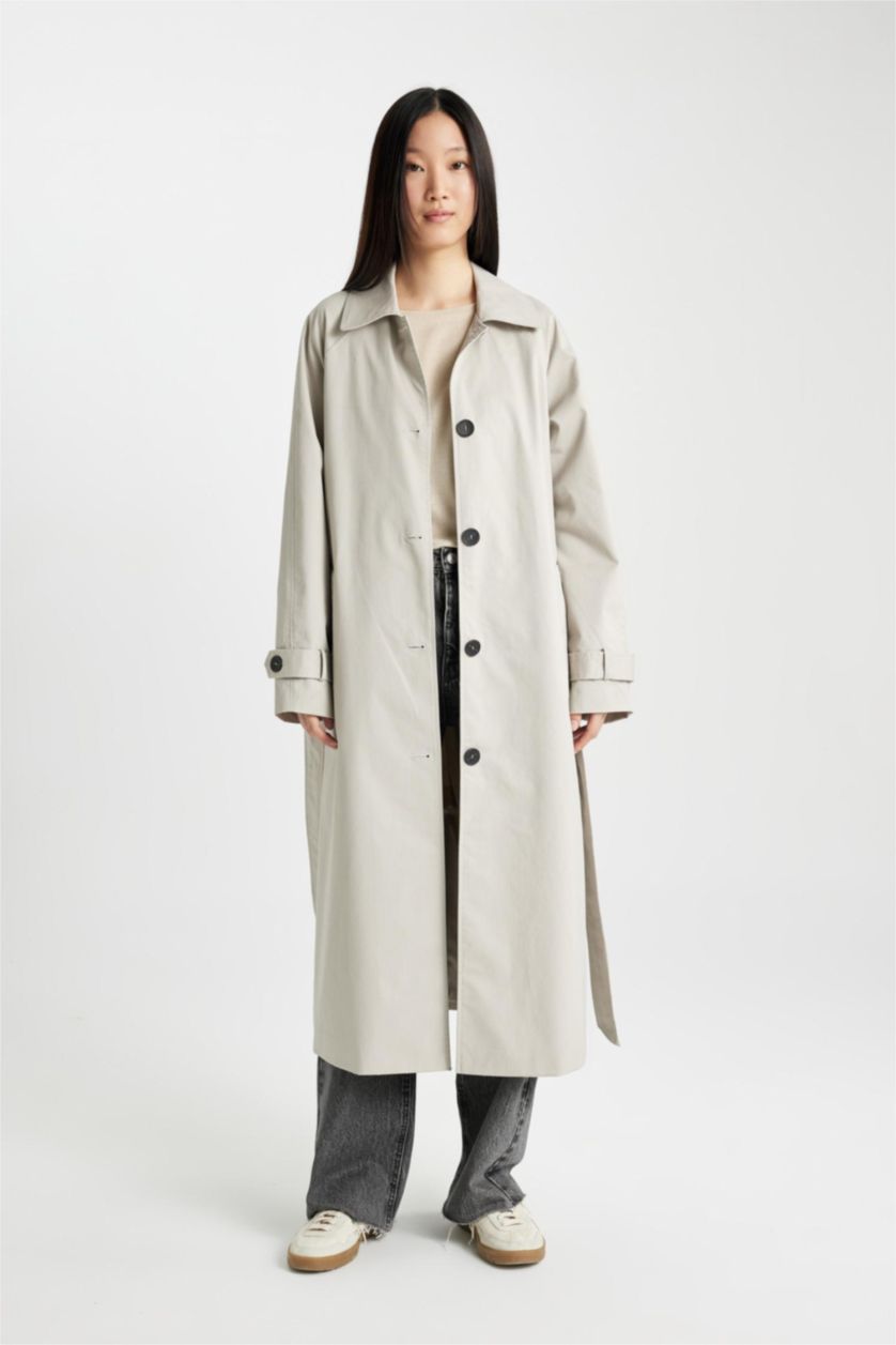 FEMME Beige Manteau Trench long à Coupe Régulière et Col Polo