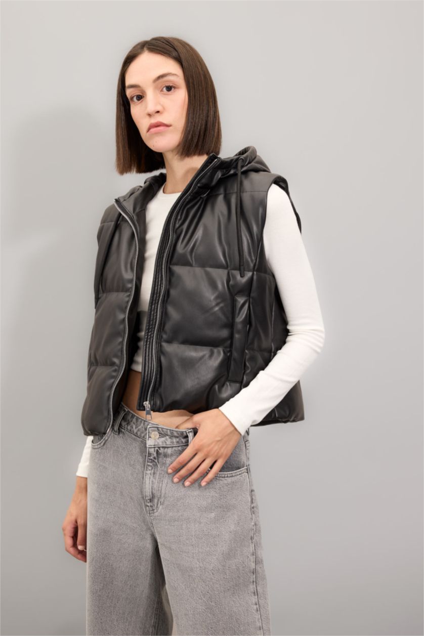 WOMAN Black Regular Fit Hooded Faux Leather Puffer Vest