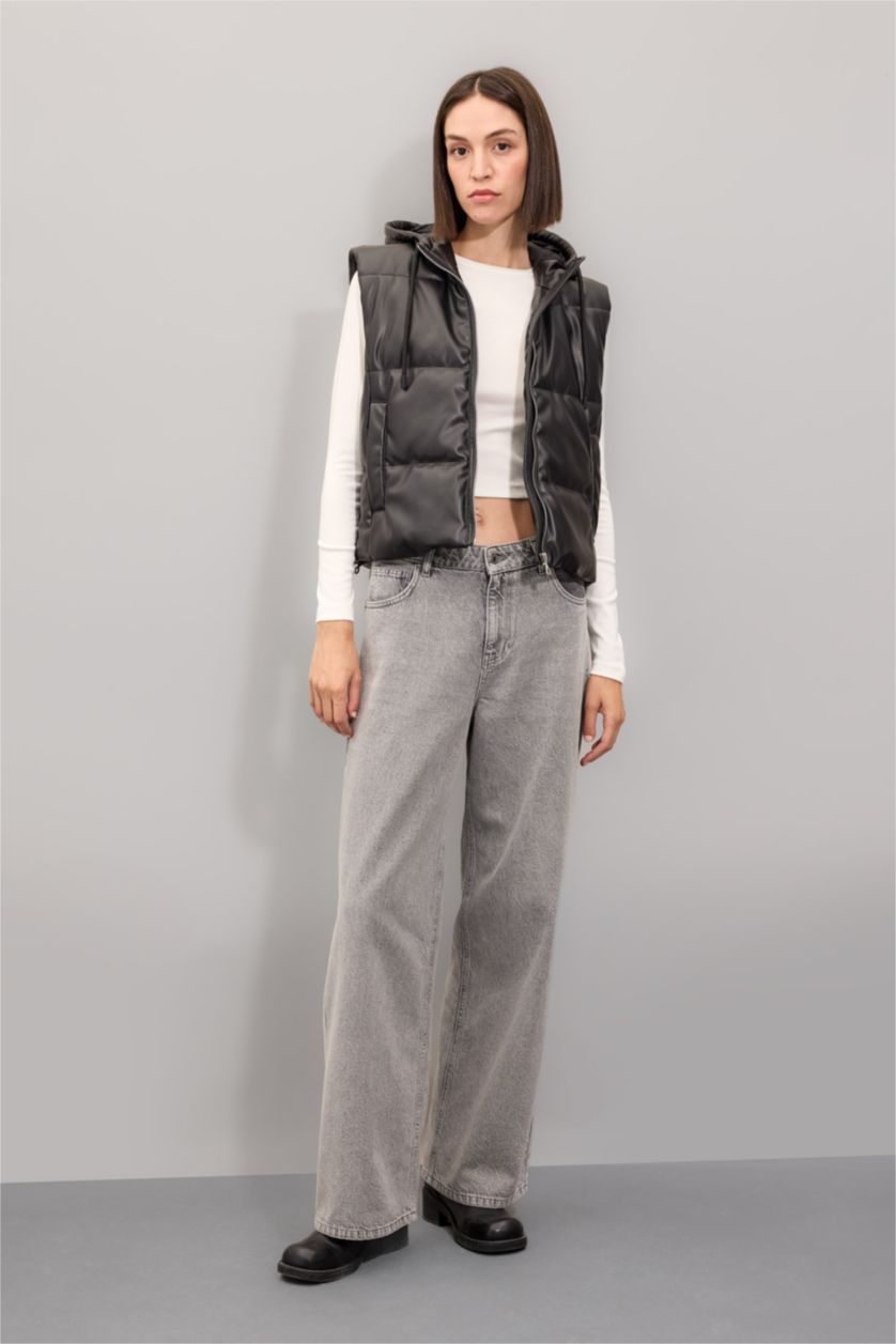 WOMAN Black Regular Fit Hooded Faux Leather Puffer Vest