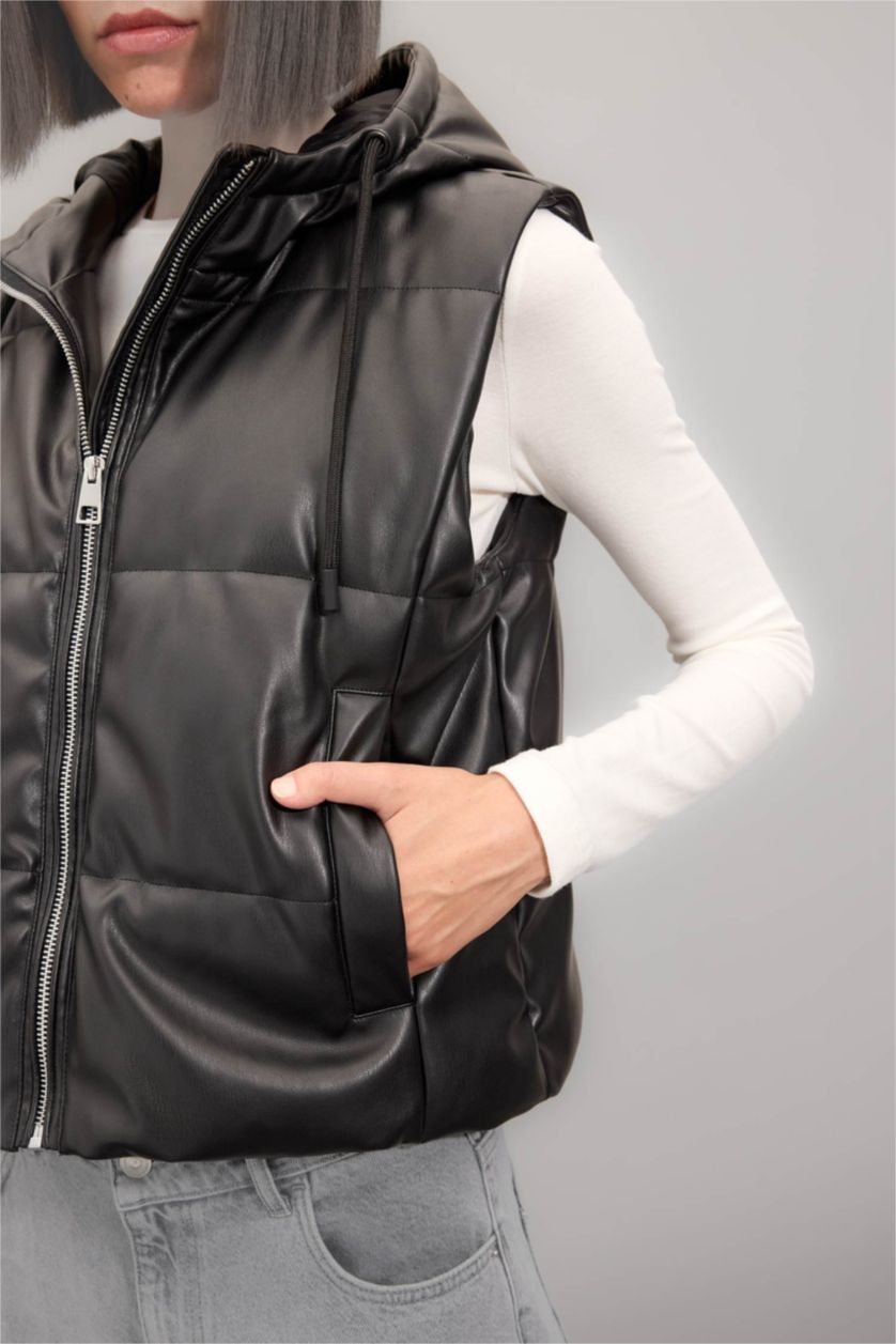 WOMAN Black Regular Fit Hooded Faux Leather Puffer Vest