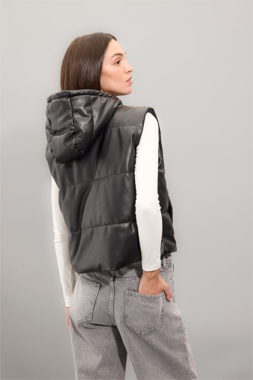 WOMAN Black Regular Fit Hooded Faux Leather Puffer Vest