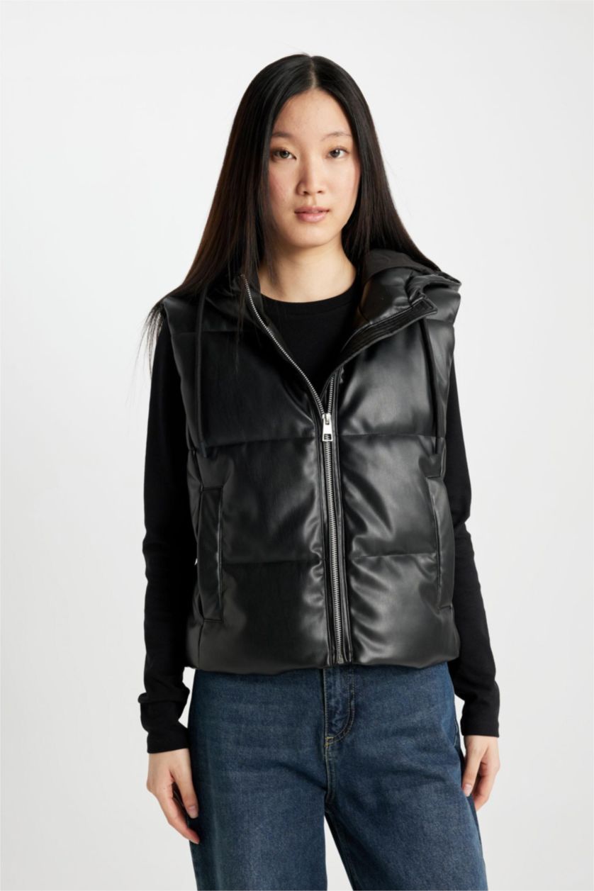 WOMAN Black Regular Fit Hooded Faux Leather Puffer Vest