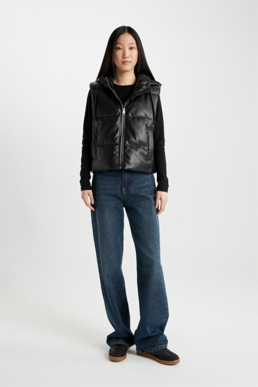 WOMAN Black Regular Fit Hooded Faux Leather Puffer Vest