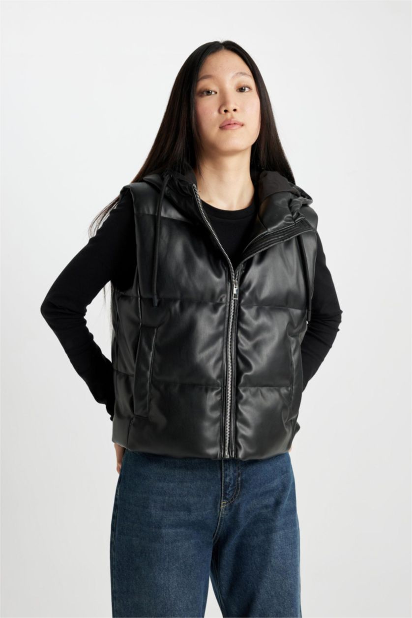 WOMAN Black Regular Fit Hooded Faux Leather Puffer Vest