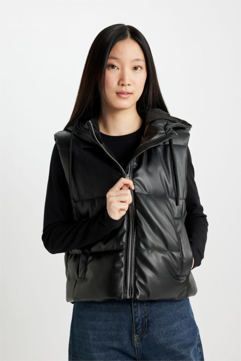 WOMAN Black Regular Fit Hooded Faux Leather Puffer Vest