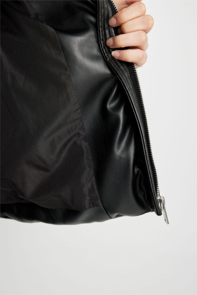 WOMAN Black Regular Fit Hooded Faux Leather Puffer Vest