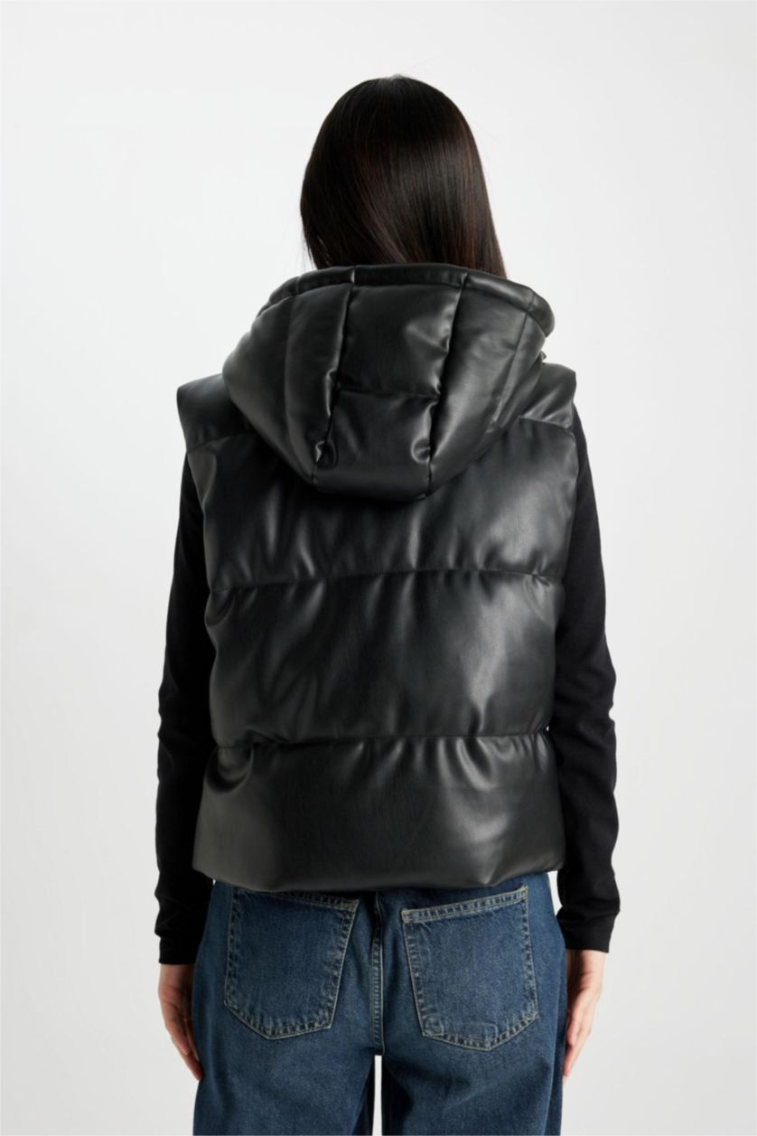 WOMAN Black Regular Fit Hooded Faux Leather Puffer Vest
