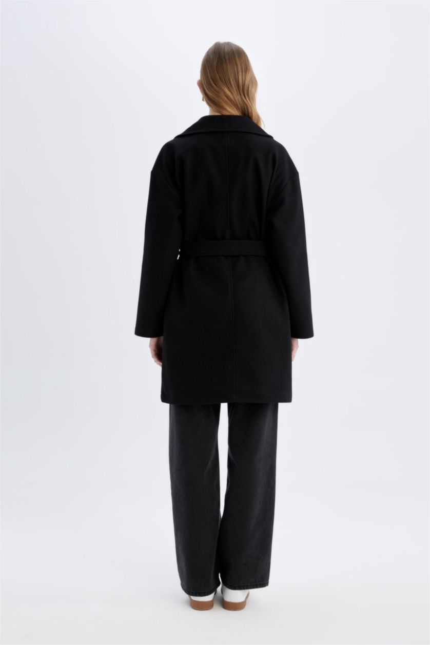 Kadın Siyah Su Geçirmez Uzun Kaşe Kaban Regular Kalıp Kruvaze Yaka Düğmeli Kemerli Cepli Astarsız