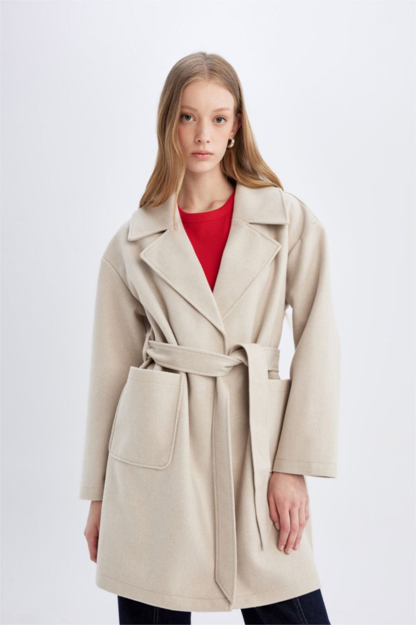 FEMME Écru Manteau en Laine coupe régulière