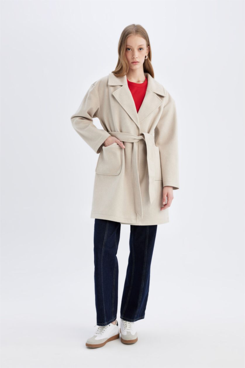 FEMME Écru Manteau en Laine coupe régulière