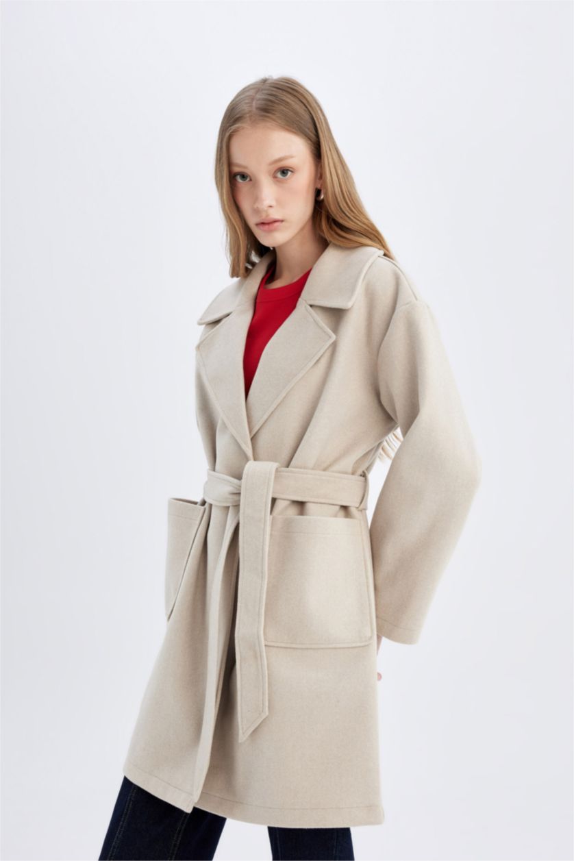 FEMME Écru Manteau en Laine coupe régulière