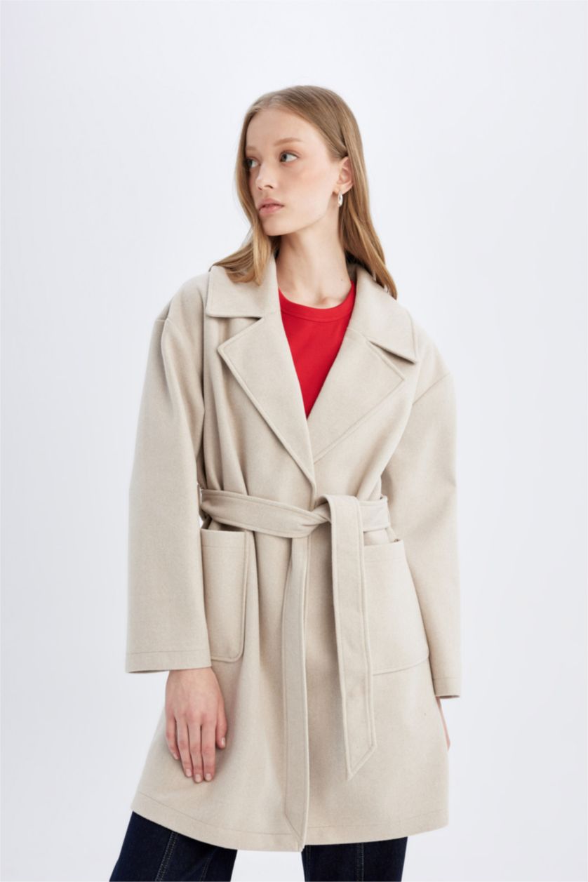 FEMME Écru Manteau en Laine coupe régulière