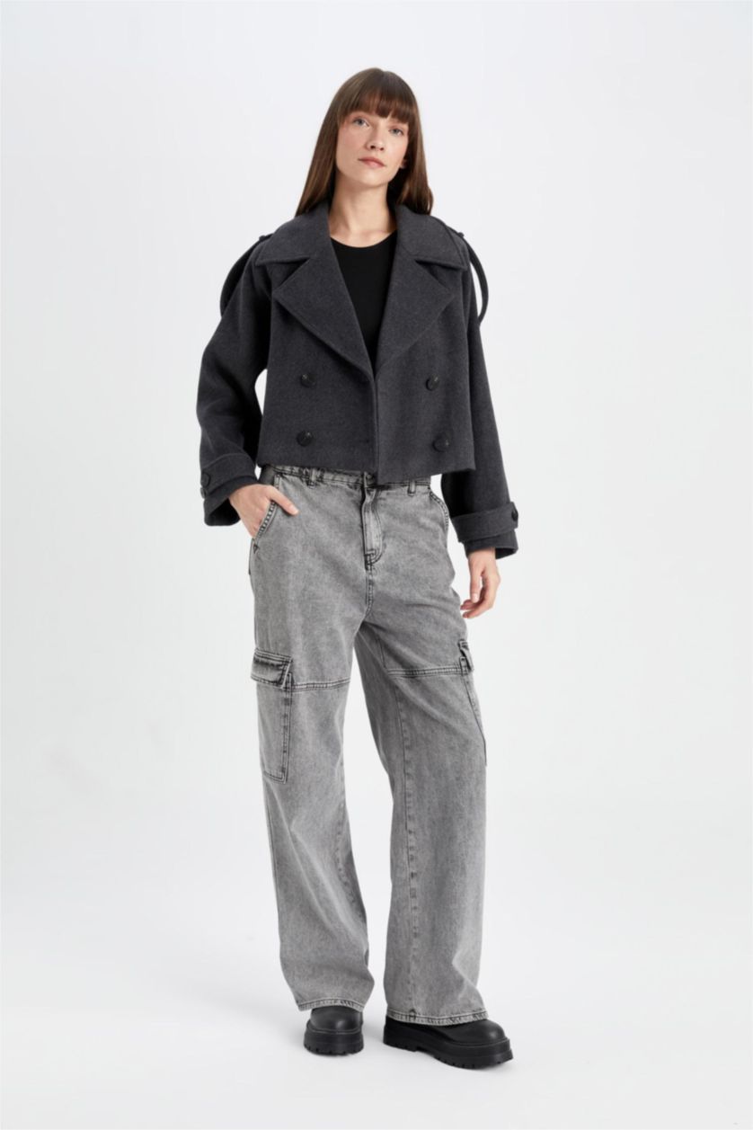 Kadın Antrasit Su Geçirmez Regular Kalıp  Kısa Kaşe Kaban Ceket Yaka Düğmeli Apoletli Kemerli Astarsız