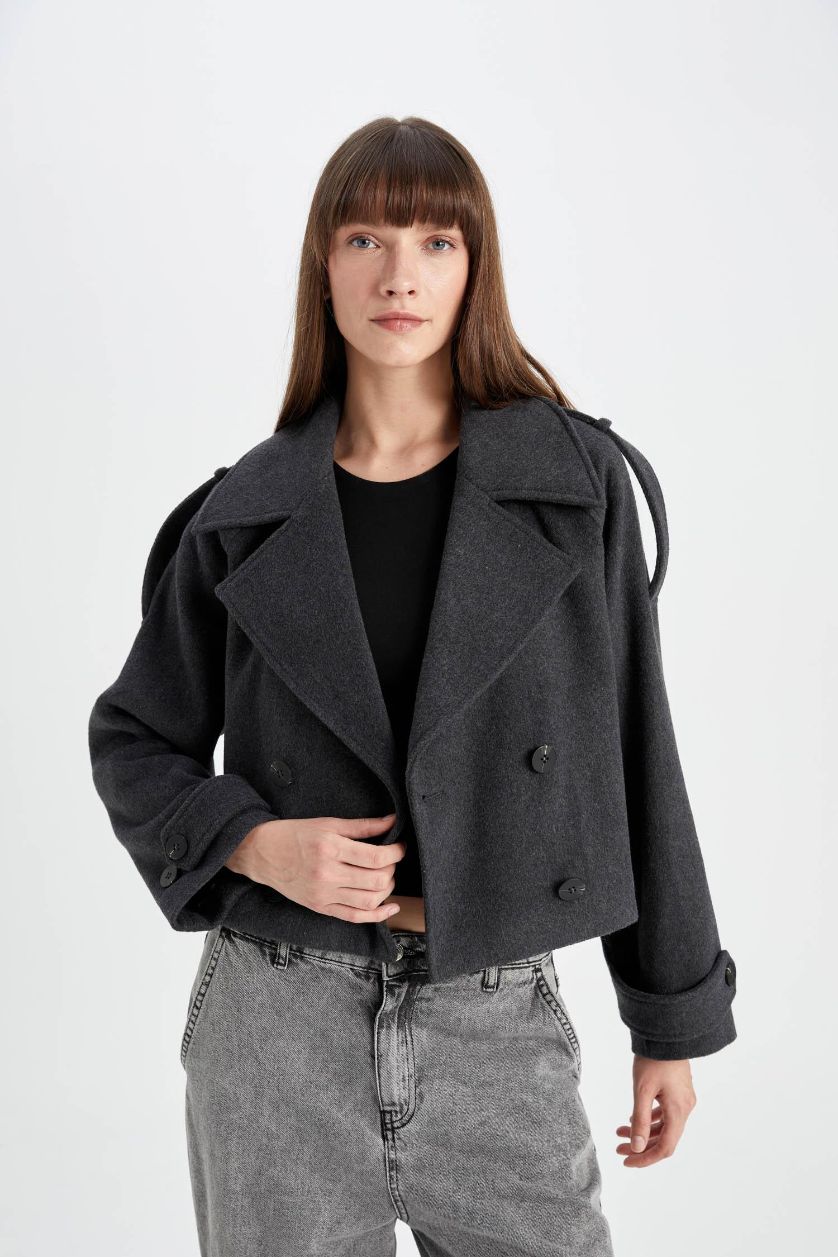 Kadın Antrasit Su Geçirmez Regular Kalıp  Kısa Kaşe Kaban Ceket Yaka Düğmeli Apoletli Kemerli Astarsız