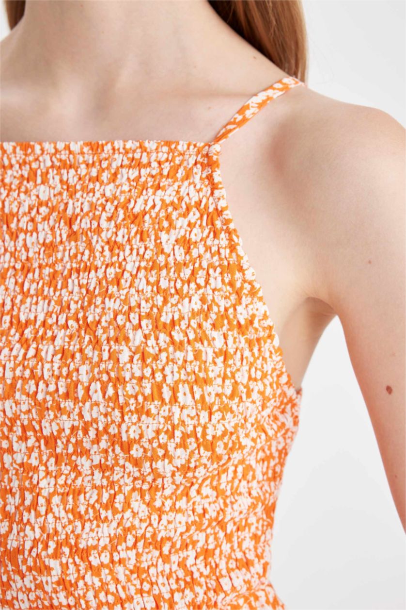 Kadın Turuncu Coool Halter Yaka Çiçekli Maroken Askılı Mini Elbise