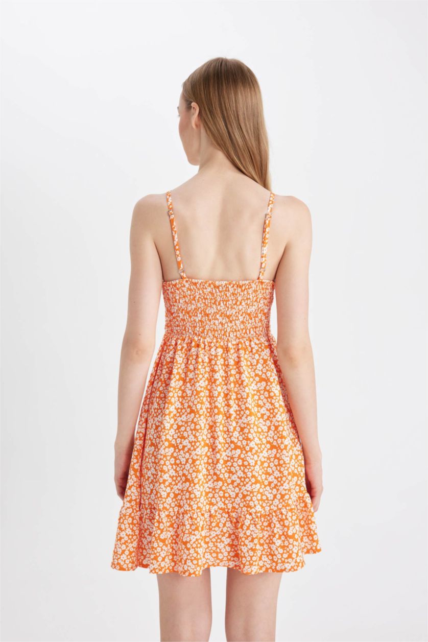 Kadın Turuncu Coool Halter Yaka Çiçekli Maroken Askılı Mini Elbise
