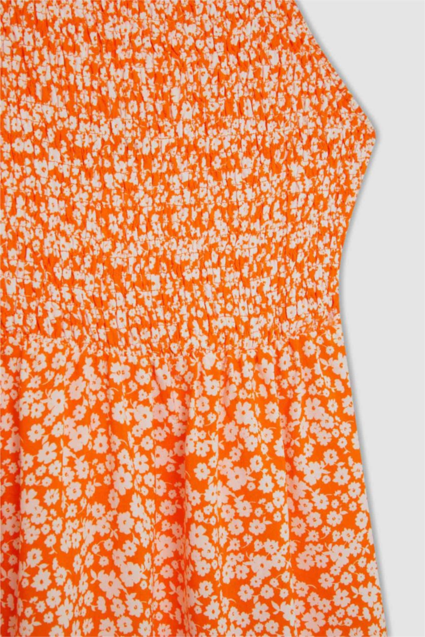 Kadın Turuncu Coool Halter Yaka Çiçekli Maroken Askılı Mini Elbise