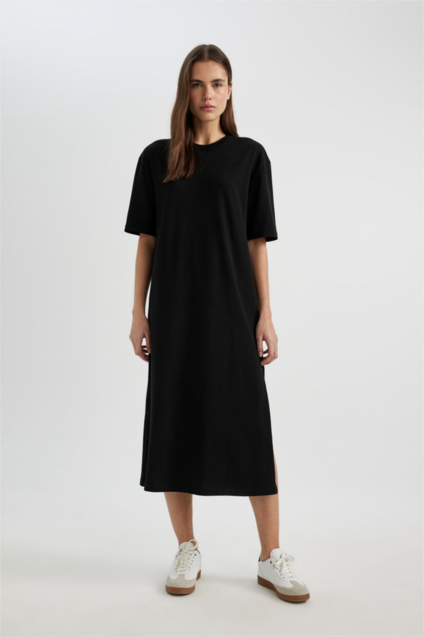 WOMAN Black T-Shirt Crew Neck Cotton Midi Dress