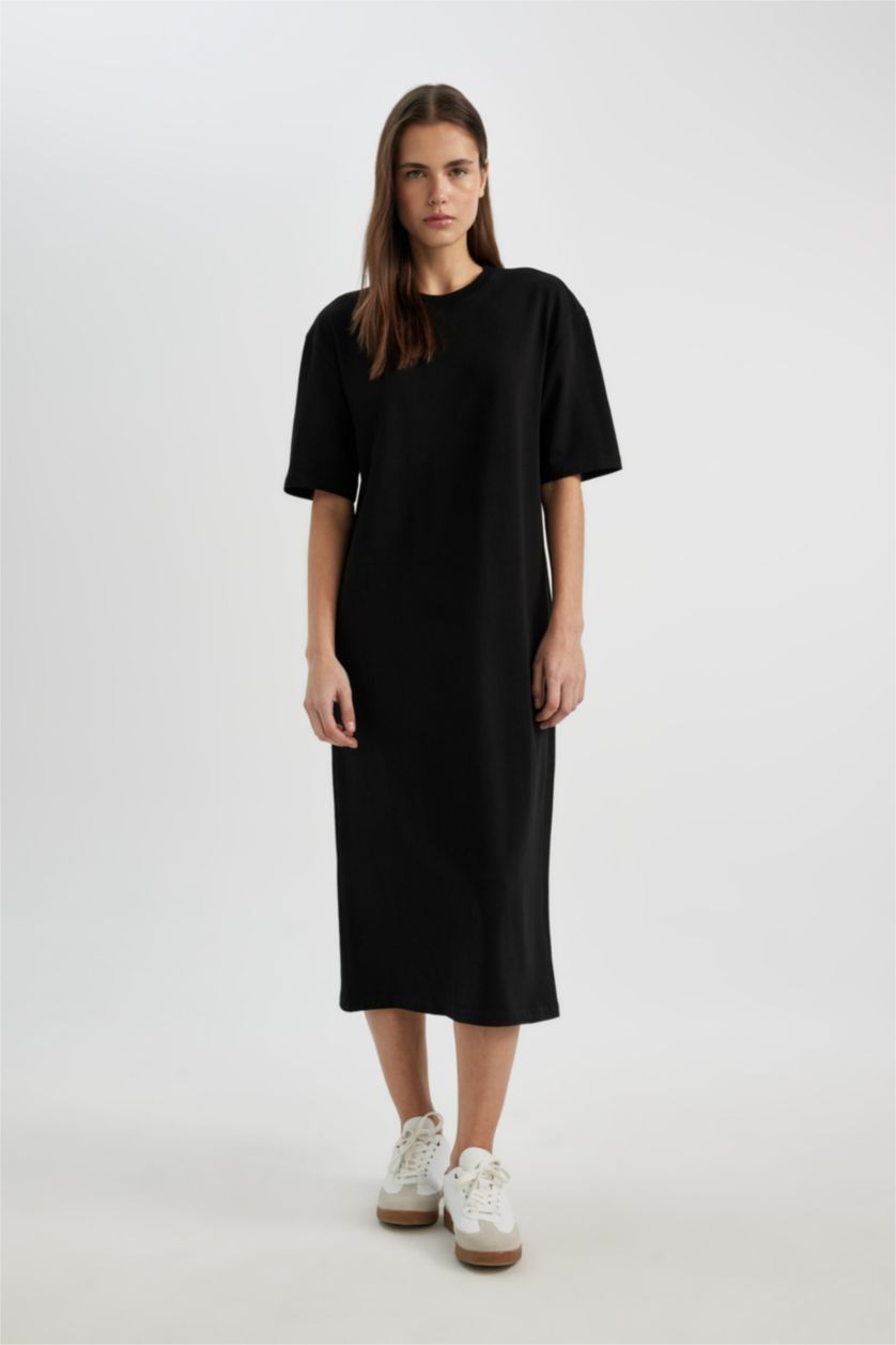 WOMAN Black T-Shirt Crew Neck Cotton Midi Dress