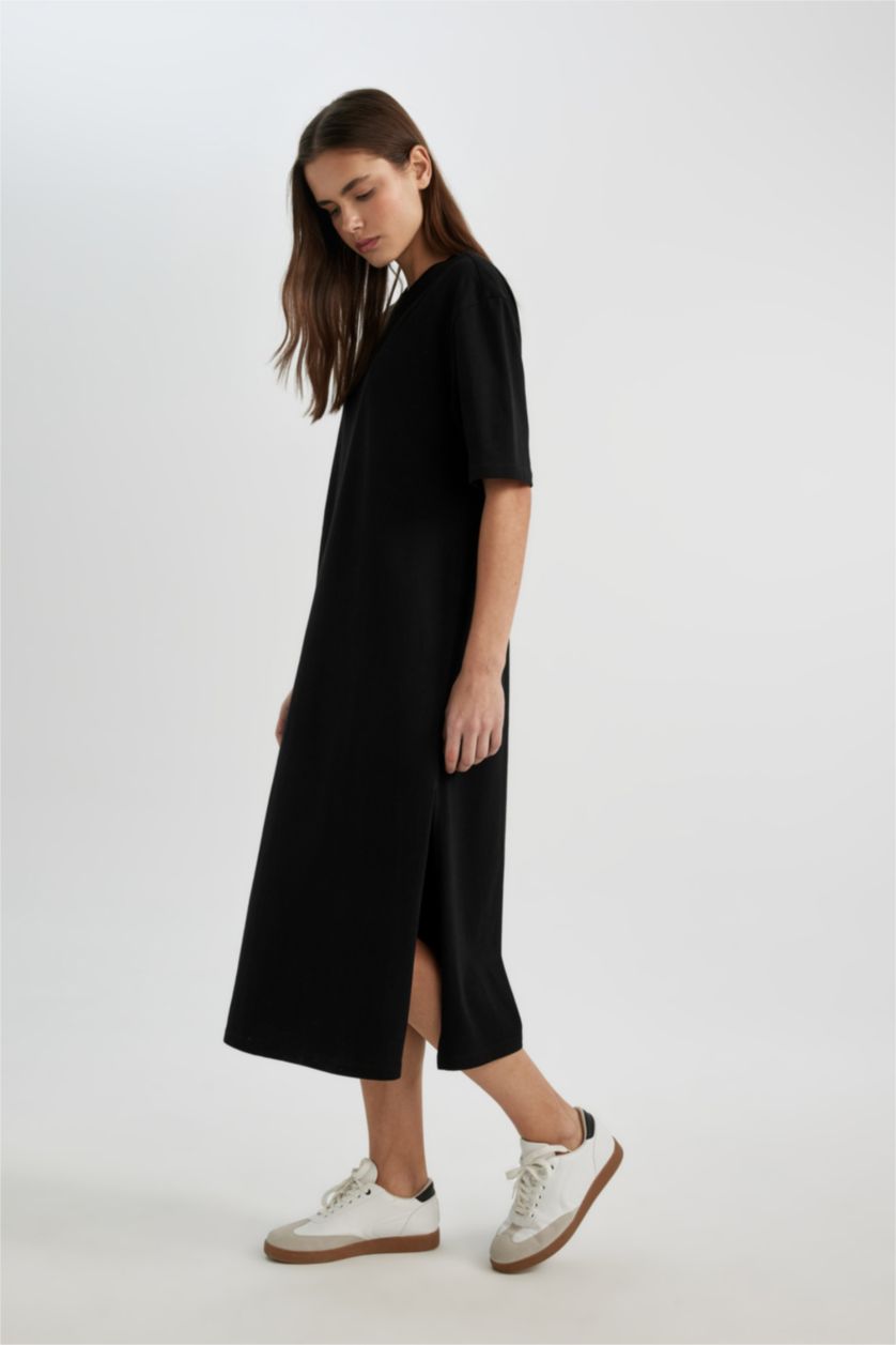WOMAN Black T-Shirt Crew Neck Cotton Midi Dress