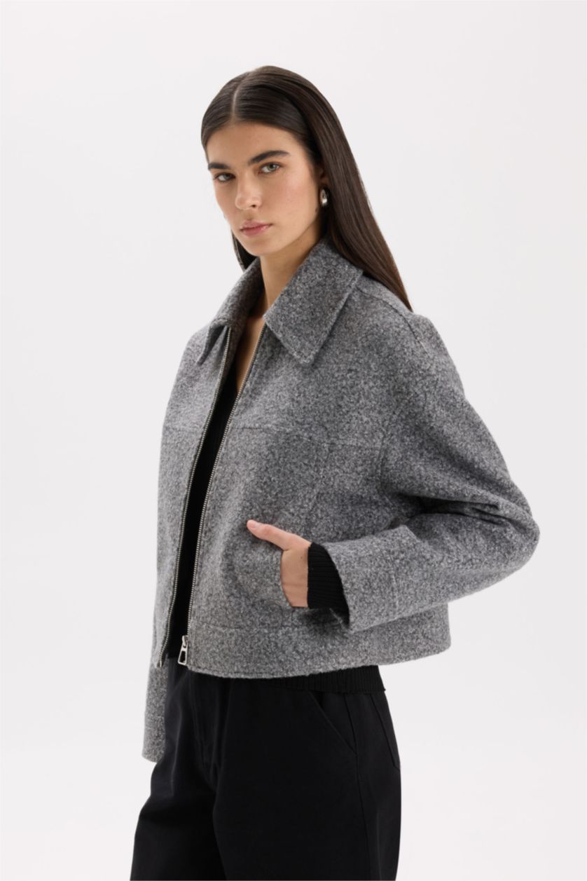 Woman Light Grey Regular Fit Polo Neck Pocketed Waterproof Cachet Jacket