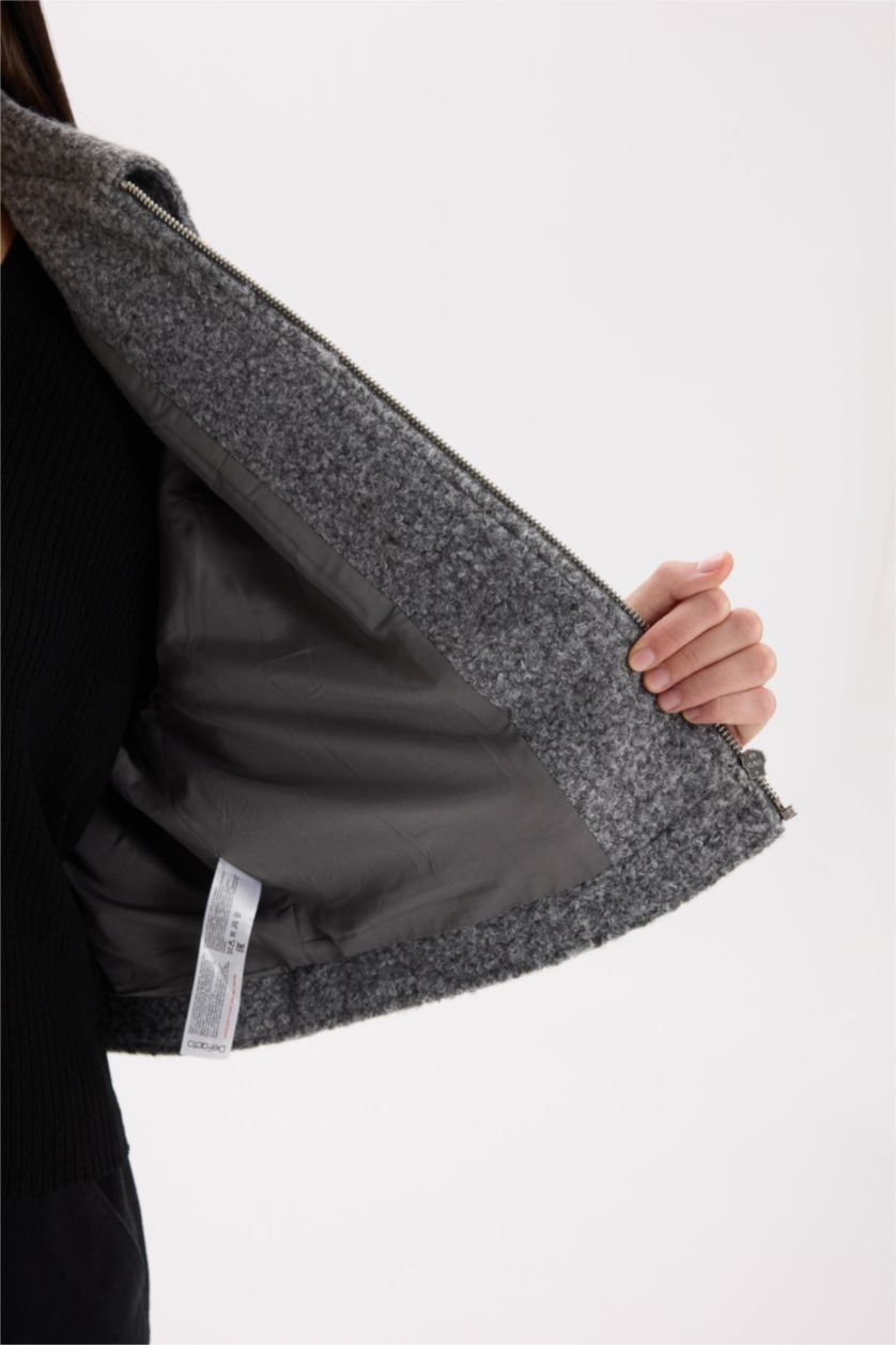 Woman Light Grey Regular Fit Polo Neck Pocketed Waterproof Cachet Jacket