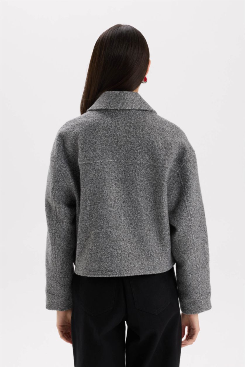 Woman Light Grey Regular Fit Polo Neck Pocketed Waterproof Cachet Jacket