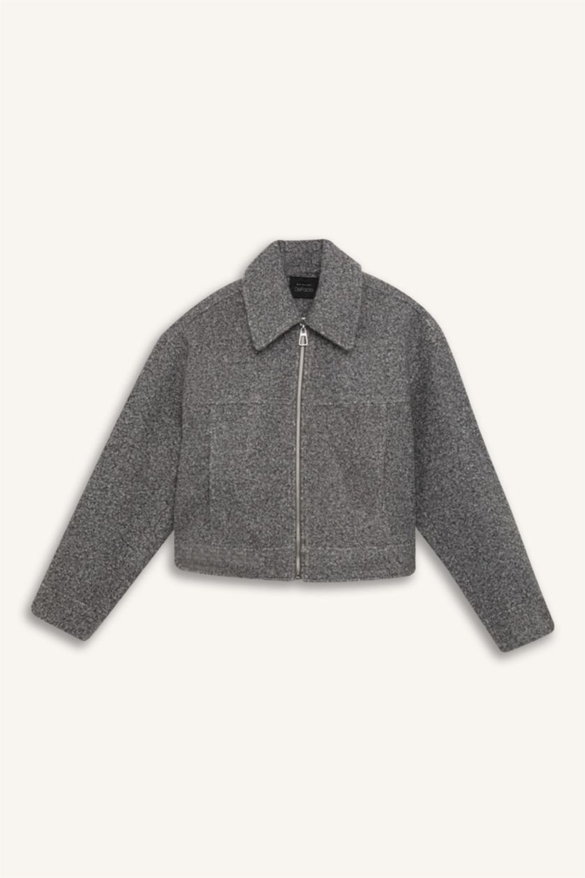 Woman Light Grey Regular Fit Polo Neck Pocketed Waterproof Cachet Jacket