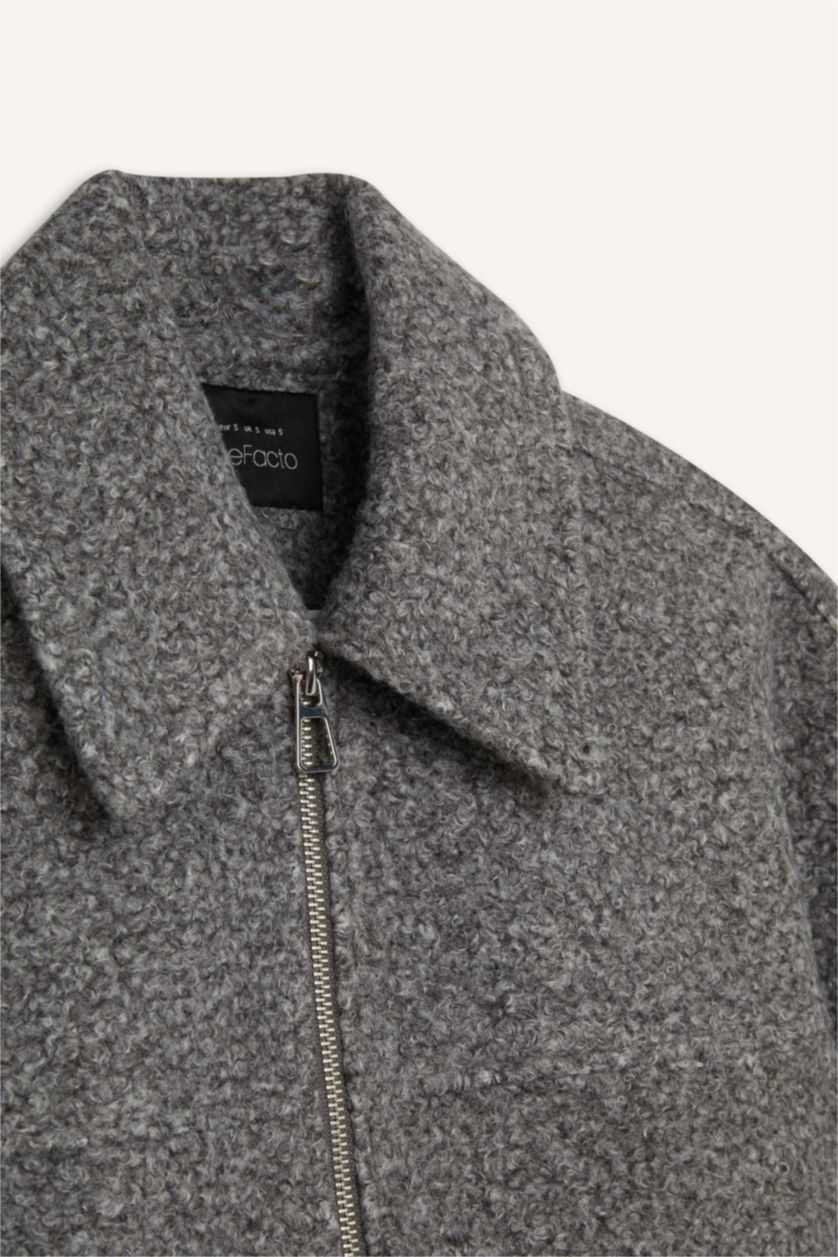 Woman Light Grey Regular Fit Polo Neck Pocketed Waterproof Cachet Jacket