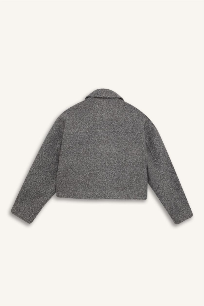 Woman Light Grey Regular Fit Polo Neck Pocketed Waterproof Cachet Jacket