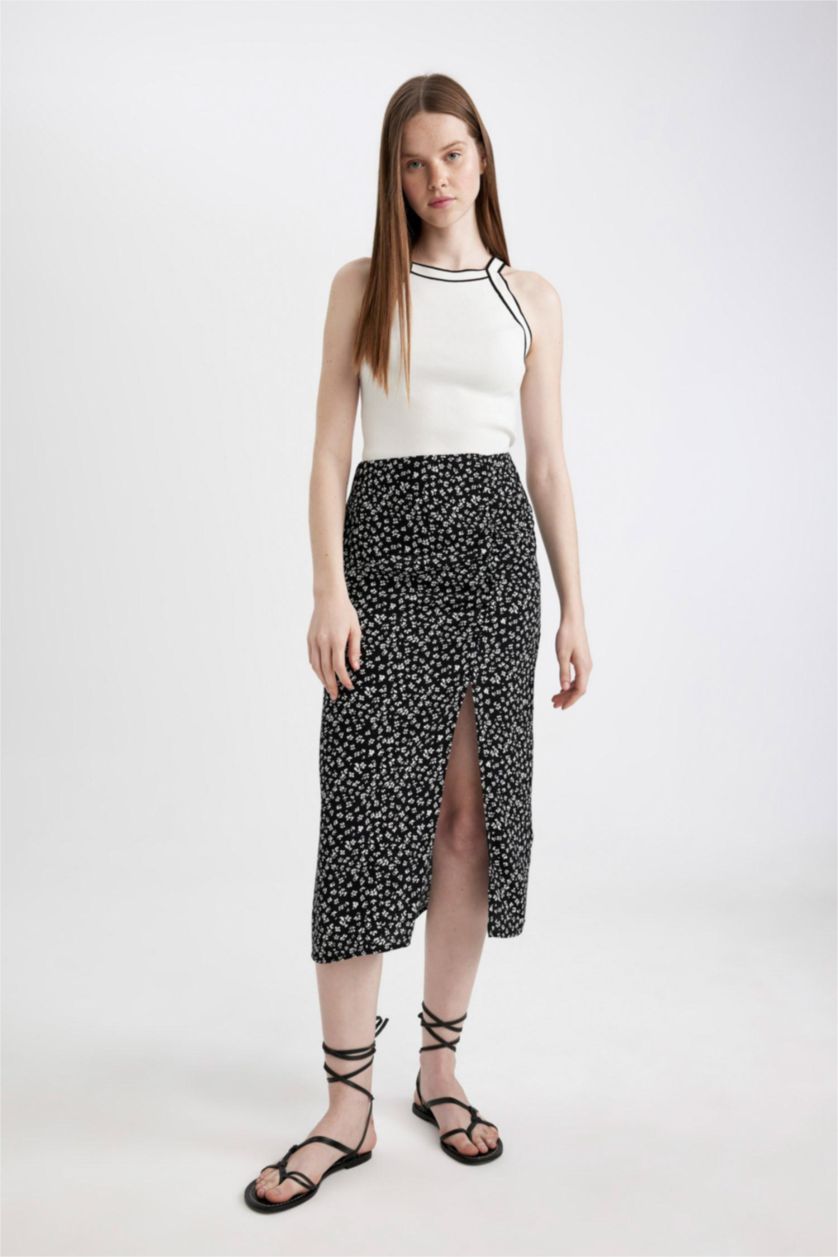 Kadın Siyah A Form Desenli Yırtmaçlı Maroken Midi Etek