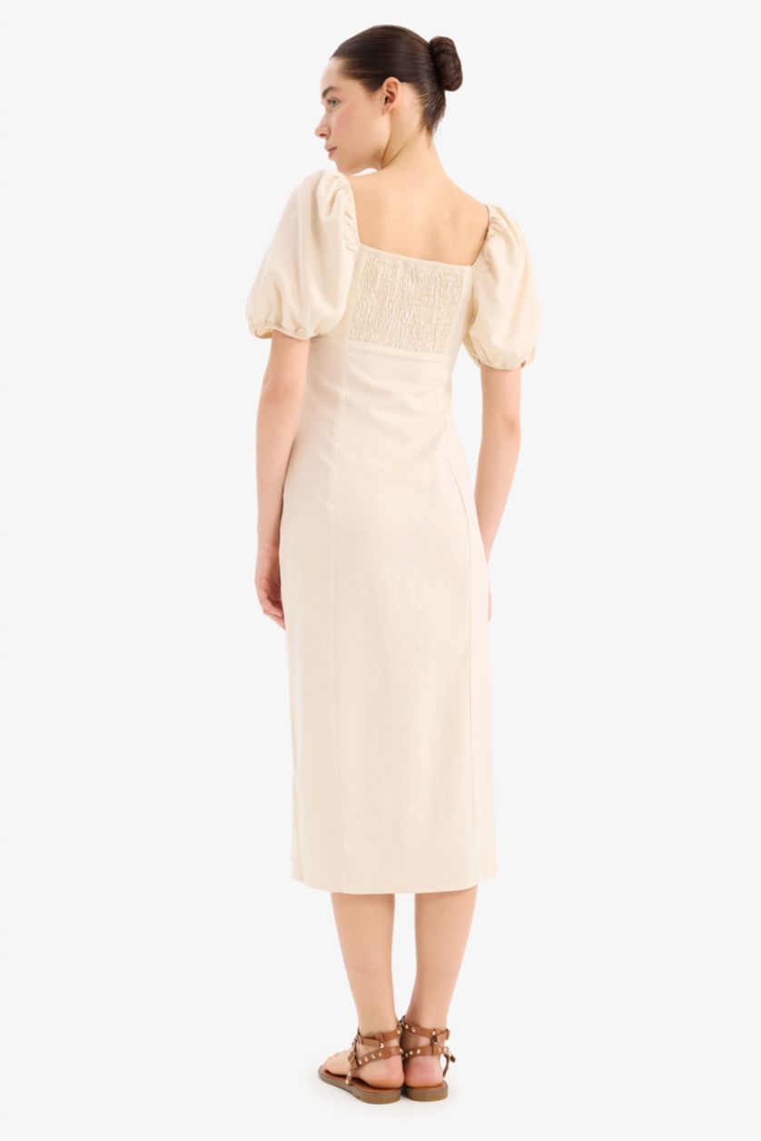 Kadın Ekru Kalp Yaka Yırtmaçlı Keten Karışımlı Kısa Kollu Midi Elbise