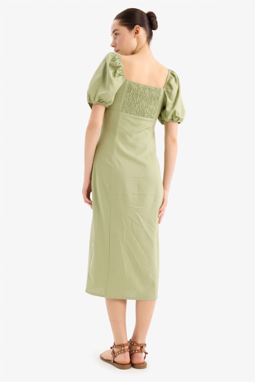 Kadın Yeşil Kalp Yaka Yırtmaçlı Keten Karışımlı Kısa Kollu Midi Elbise