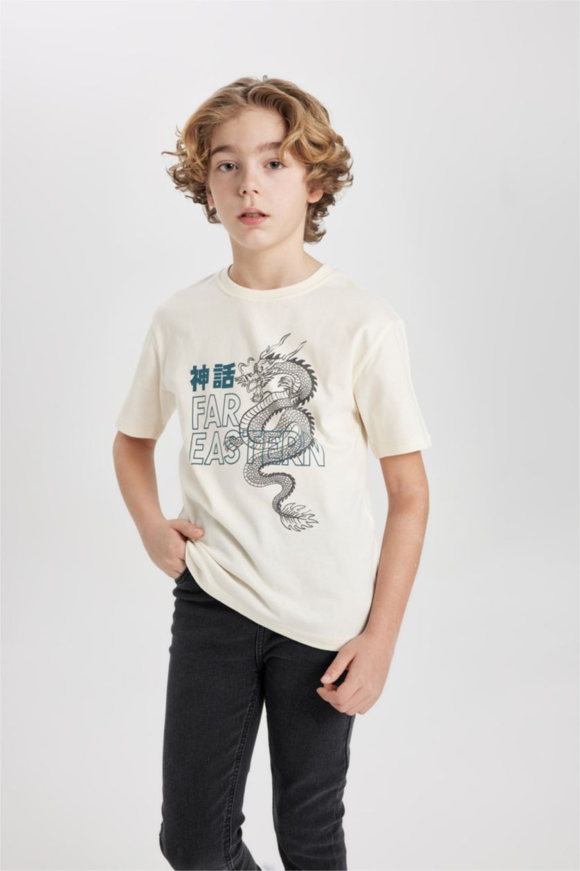 GARÇONS Écru T-Shirt Imprimé à Manches Courtes Col Rond pour Garçon