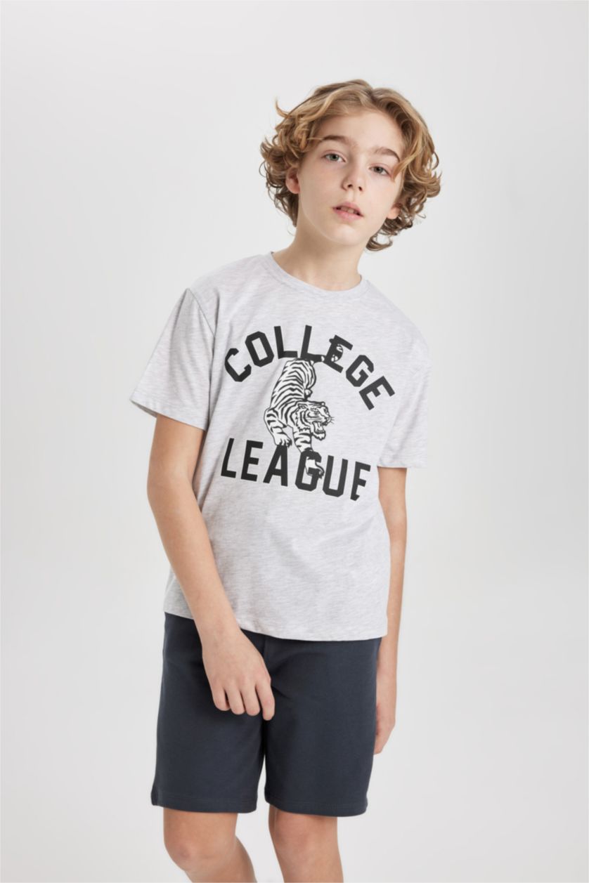 Erkek Çocuk - Genç Erkek Optik Gri Melanj Erkek Çocuk Bisiklet Yaka Baskılı Kısa Kollu Tişört