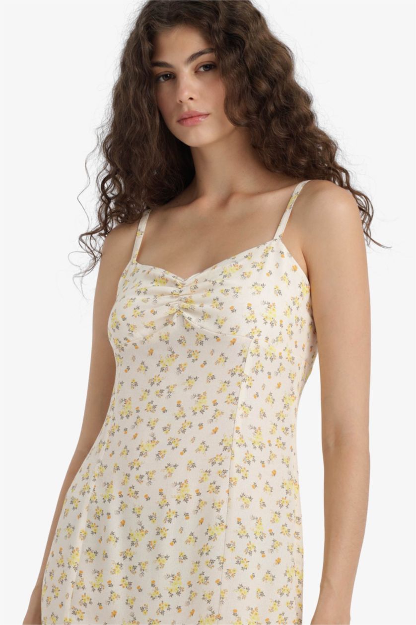 نساء اللون الرملي فستان ميدي فلورال منسوج بوديكون بياخة قلب