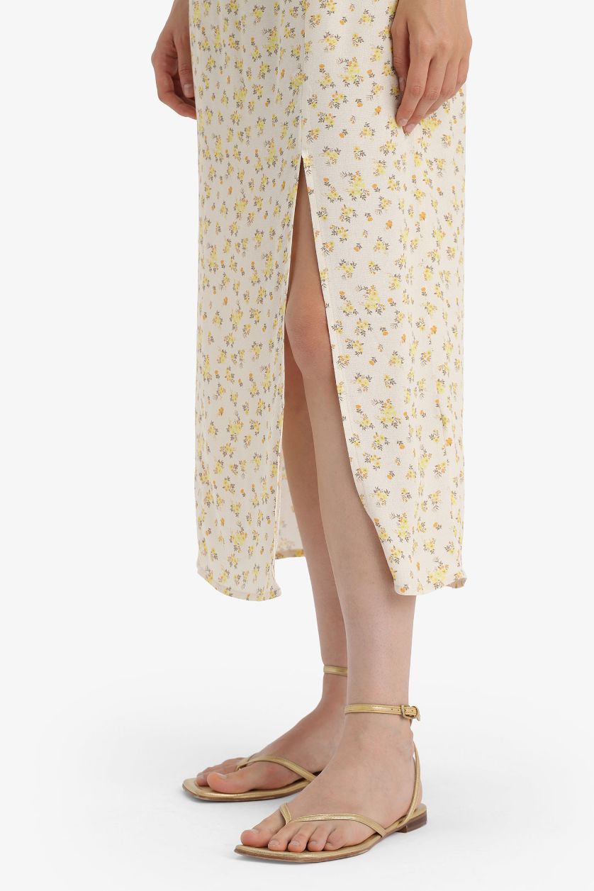 نساء اللون الرملي فستان ميدي فلورال منسوج بوديكون بياخة قلب