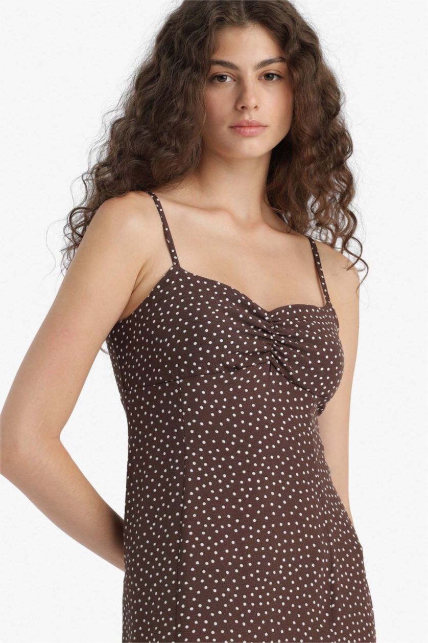 Woman Brown Bodycon Heart Collar Floral Midi Dress