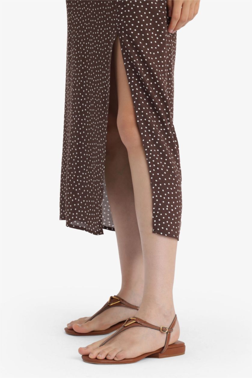 Woman Brown Bodycon Heart Collar Floral Midi Dress