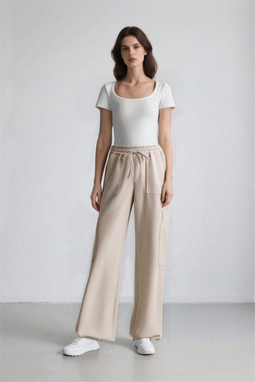 Kadın Bej Wide Leg Geniş Paça Keten Karışımlı Pantolon Kargo Cepli Yüksek Bel