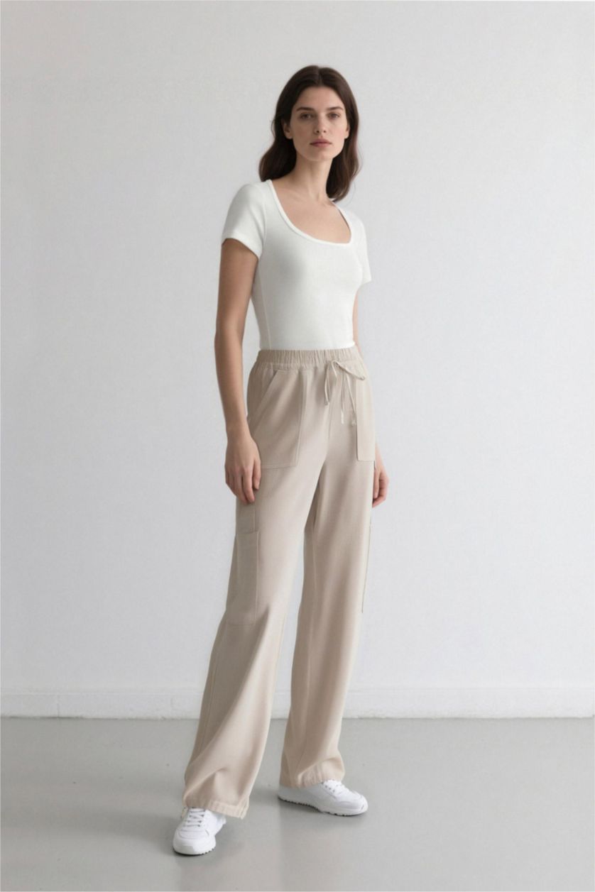 Kadın Bej Wide Leg Geniş Paça Keten Karışımlı Pantolon Kargo Cepli Yüksek Bel