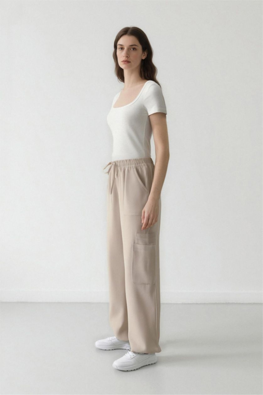 Kadın Bej Wide Leg Geniş Paça Keten Karışımlı Pantolon Kargo Cepli Yüksek Bel
