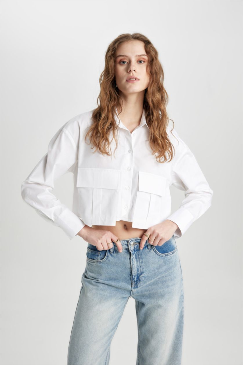 FEMME Blanc Chemise en Popeline à Manches Longues et Col Roulé