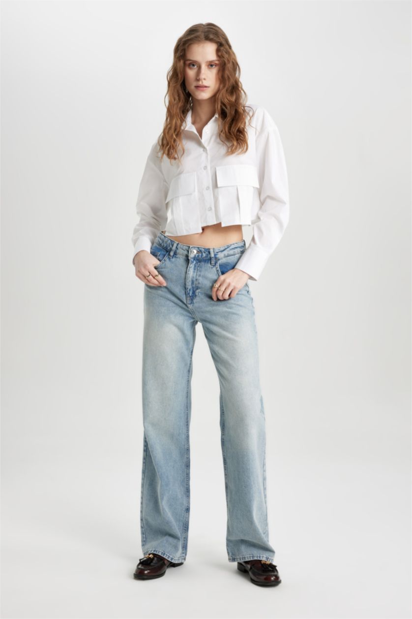 FEMME Blanc Chemise en Popeline à Manches Longues et Col Roulé