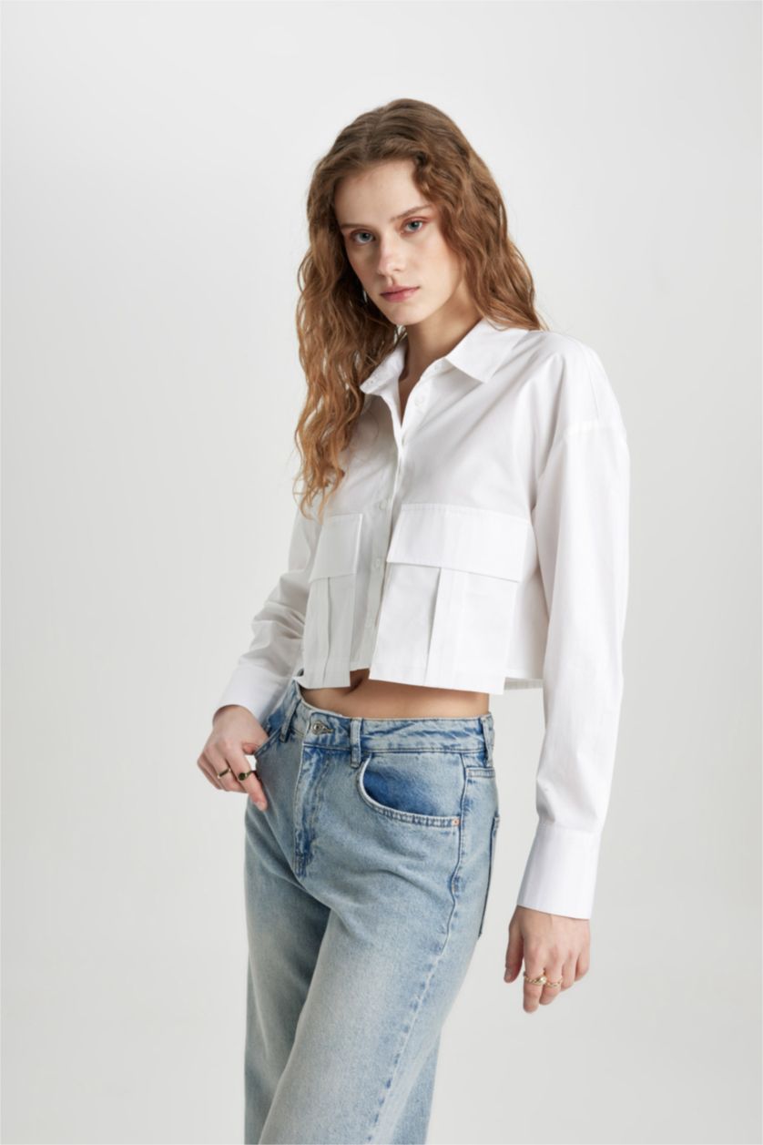 FEMME Blanc Chemise en Popeline à Manches Longues et Col Roulé