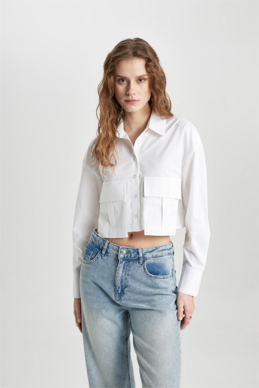 FEMME Blanc Chemise en Popeline à Manches Longues et Col Roulé